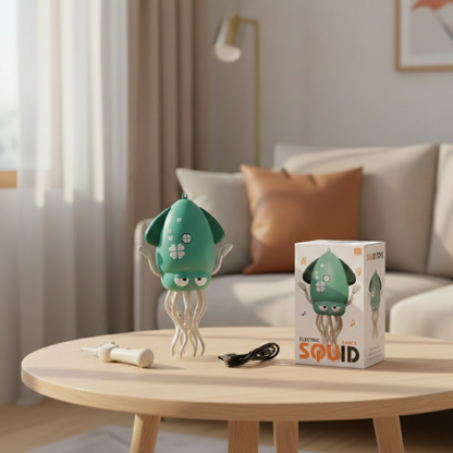 OctoBeat™ – Interaktywna Ośmiornica do Rozwoju Motorycznego z pudełkiem, wędką i kablem USB-C na stoliku w salonie; edukacyjna zabawka dla maluchów, dostępna na Inicala.pl
