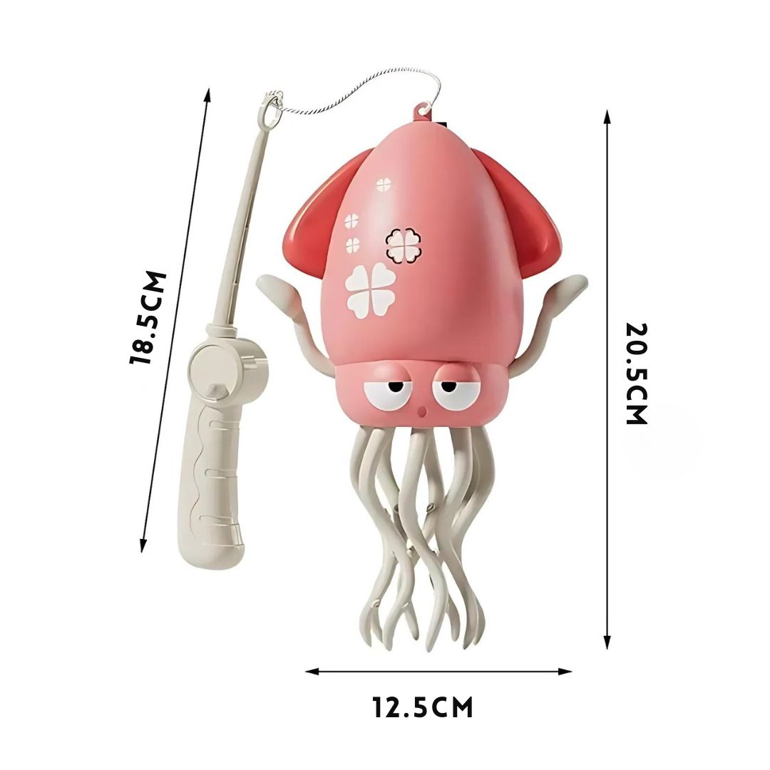 OctoBeat™ interactieve octopus van Inicala.nl met visstokje, weergegeven met afmetingen (20,5 x 12,5 cm). Ideaal sensorisch speelgoed voor motorische ontwikkeling en creatief spel voor kinderen.