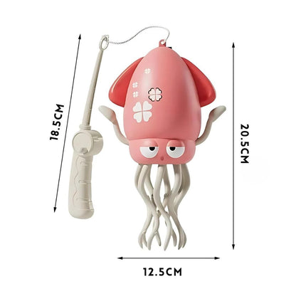 OctoBeat™ interactieve octopus van Inicala.nl met visstokje, weergegeven met afmetingen (20,5 x 12,5 cm). Ideaal sensorisch speelgoed voor motorische ontwikkeling en creatief spel voor kinderen.