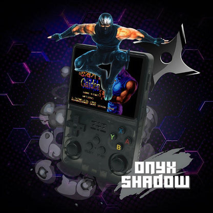 Onyx Shadow retro gameconsole met Ninja Gaiden op het scherm, zwarte behuizing met transparante knoppen – verkrijgbaar via Inicala.nl.