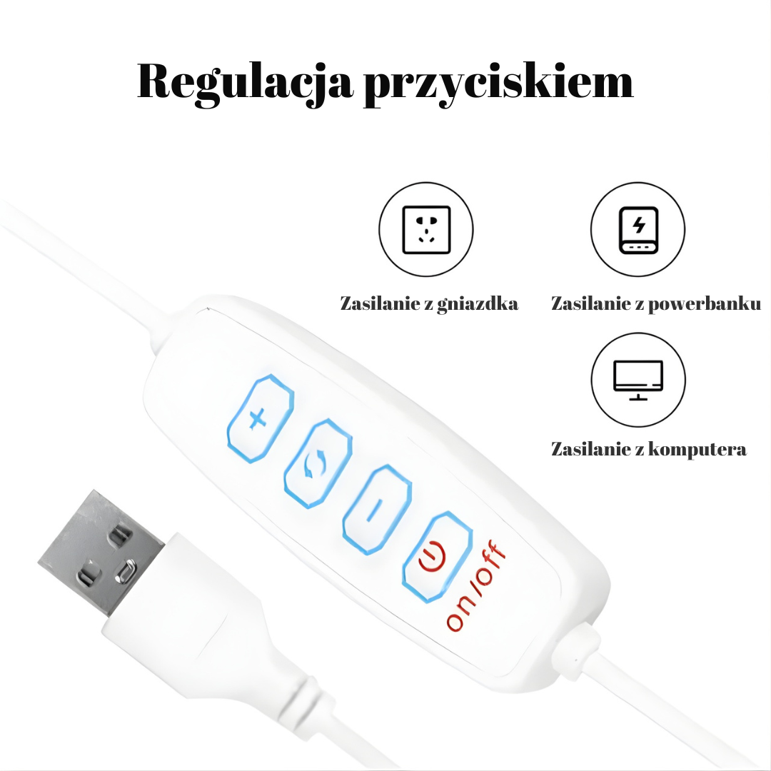 Panel sterowania lampą LumaForma™ z Inicala.pl – wygodne przyciski regulacji jasności i koloru, zasilanie przez USB z gniazdka, powerbanku lub komputera.
