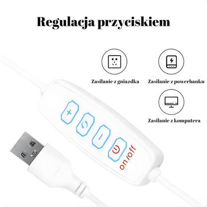 Panel sterowania lampą LumaForma™ z Inicala.pl – wygodne przyciski regulacji jasności i koloru, zasilanie przez USB z gniazdka, powerbanku lub komputera.