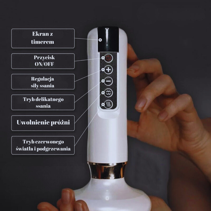 Panel sterowania urządzenia DermaFlow™ z Inicala.pl – z opisanymi przyciskami timera, regulacji ssania, uwolnienia próżni i podgrzewania czerwonym światłem do wygodnego wygładzania skóry w domu