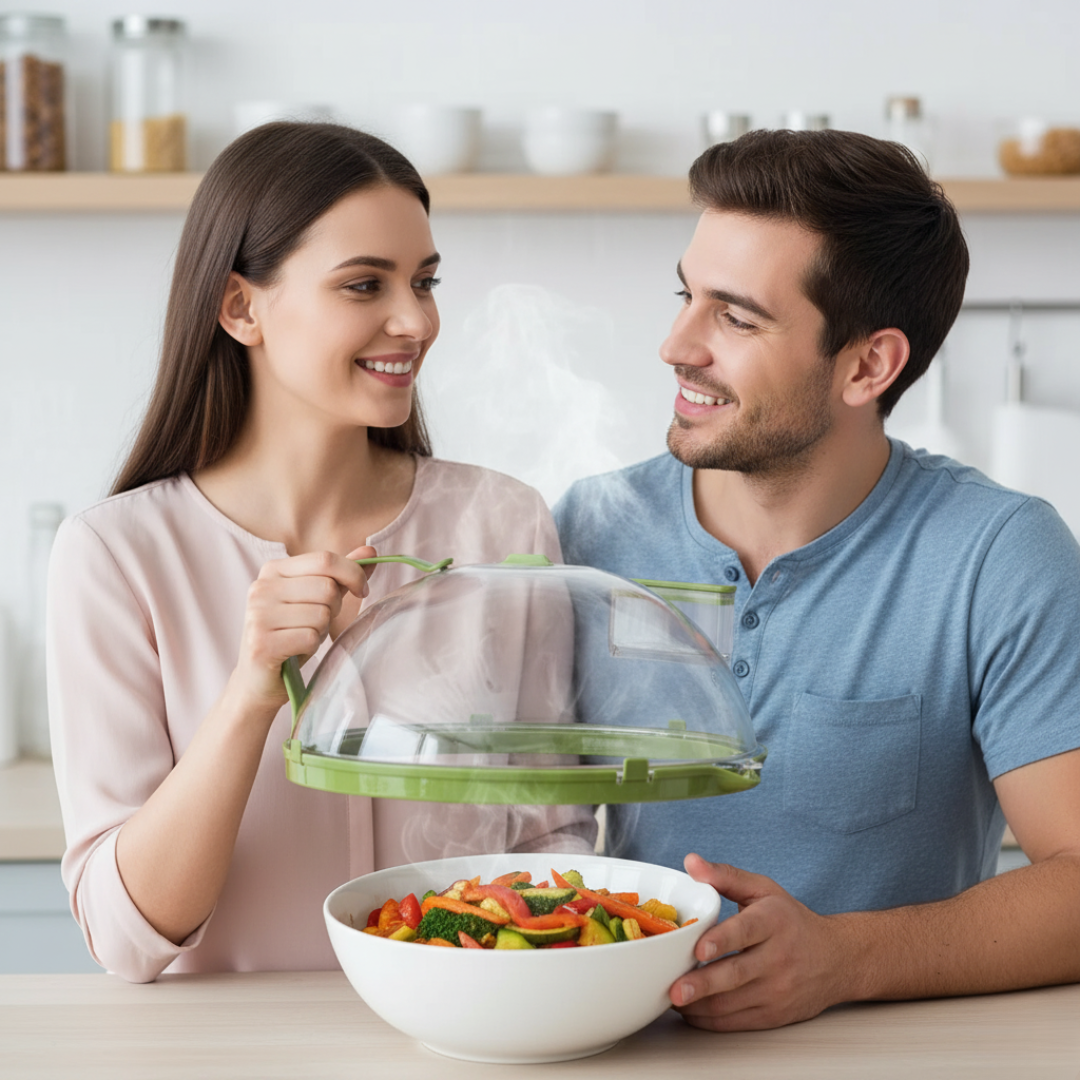Para świeżych warzyw pod pokrywką Steamify™ z Inicala.pl – para unosi się, a uśmiechnięta para w kuchni cieszy się zdrowym i czystym gotowaniem bez bałaganu