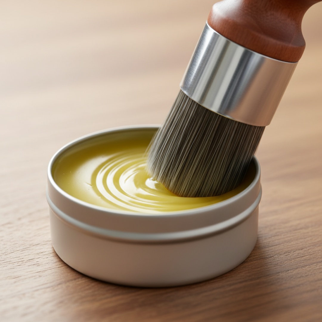 Pędzel zanurzony w kremie EcoSage™ z Inicala.pl – naturalna formuła do regeneracji drewna.