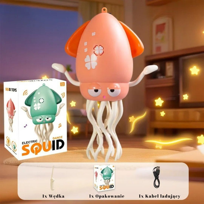 Perzowa OctoBeat™ z Inicala.pl w salonie, obok pudełka, wędki i kabla USB – świecąca, muzyczna ośmiornica do kreatywnej zabawy i rozwoju motorycznego dziecka