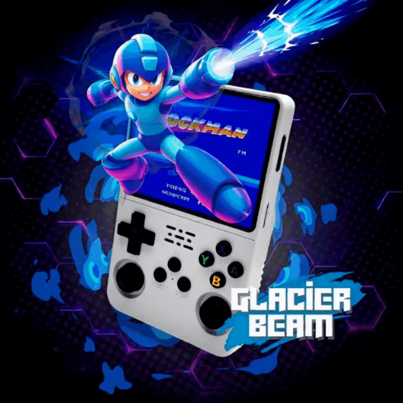 PixelPlay™ Legends z Inicala.pl — biała konsola retro z kolorowym ekranem i dynamiczną grafiką bohatera; kieszonkowa rozrywka i nostalgia w dłoni