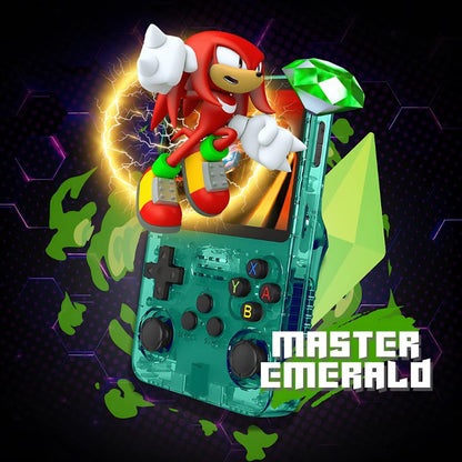 PixelPlay™ Legends handheld console in smaragdgroen met Knuckles en de Master Emerald, retro gamebeeld op het scherm – verkrijgbaar op Inicala.nl.