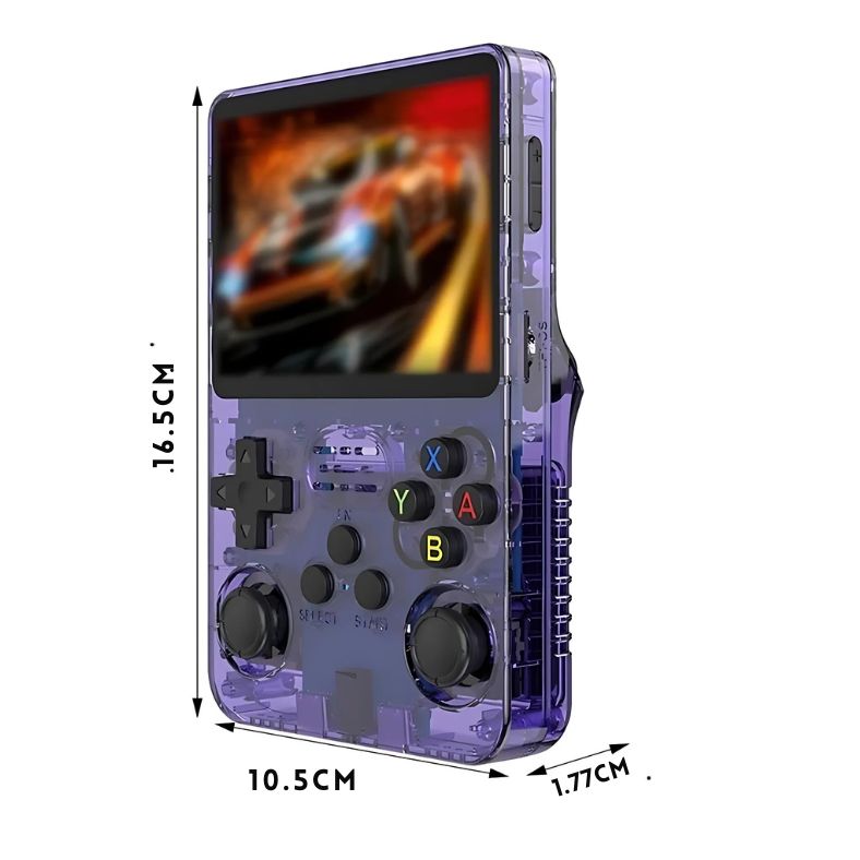 PixelPlay™ Legends van Inicala.nl – paarse draagbare retroconsole van 16,5 x 10,5 cm, met kleurrijke knoppen en 3,5” scherm, perfect voor onderweg gamen.