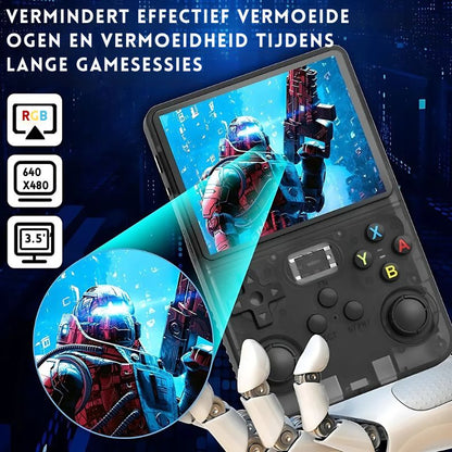 PixelPlay™ Legends van Inicala.nl met helder 3.5” RGB-scherm (640x480), ontworpen om vermoeide ogen te verminderen tijdens lange gamesessies.