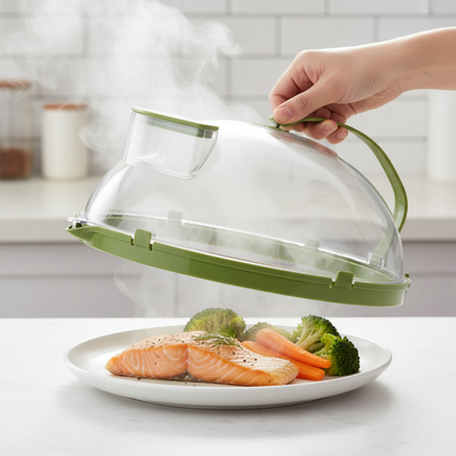 Podgrzewanie łososia i warzyw pod pokrywką Steamify™ z Inicala.pl – para unosi się, pokazując, jak urządzenie zachowuje wilgoć i zapobiega brudzeniu mikrofalówki