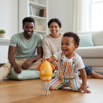 Rodzina z dzieckiem bawi się żółtą OctoBeat™ z Inicala.pl – interaktywna ośmiornica zapewnia ruch, muzykę i wspólne chwile radości