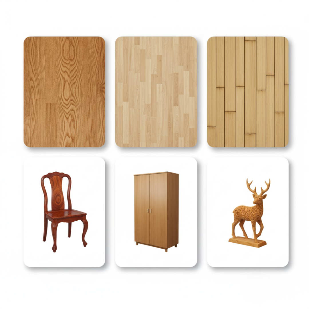 Różne powierzchnie drewniane i meble, które można pielęgnować kremem EcoSage™ z Inicala.pl – od podłóg po dekoracje.