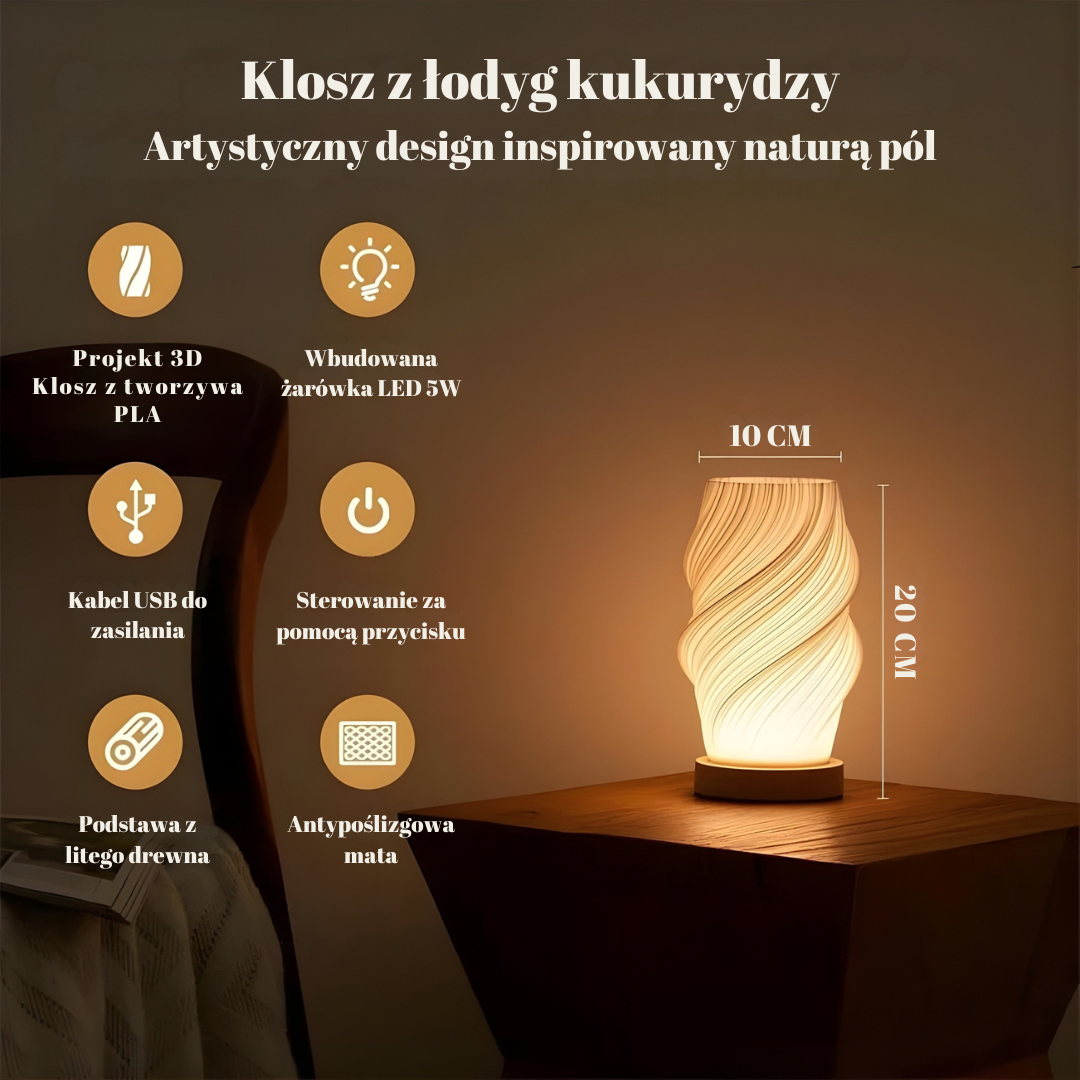 Rzeźbiona lampa LumaForma™ z Inicala.pl – klosz z kukurydzianego PLA, 5W LED i drewniana podstawa w naturalnym stylu.