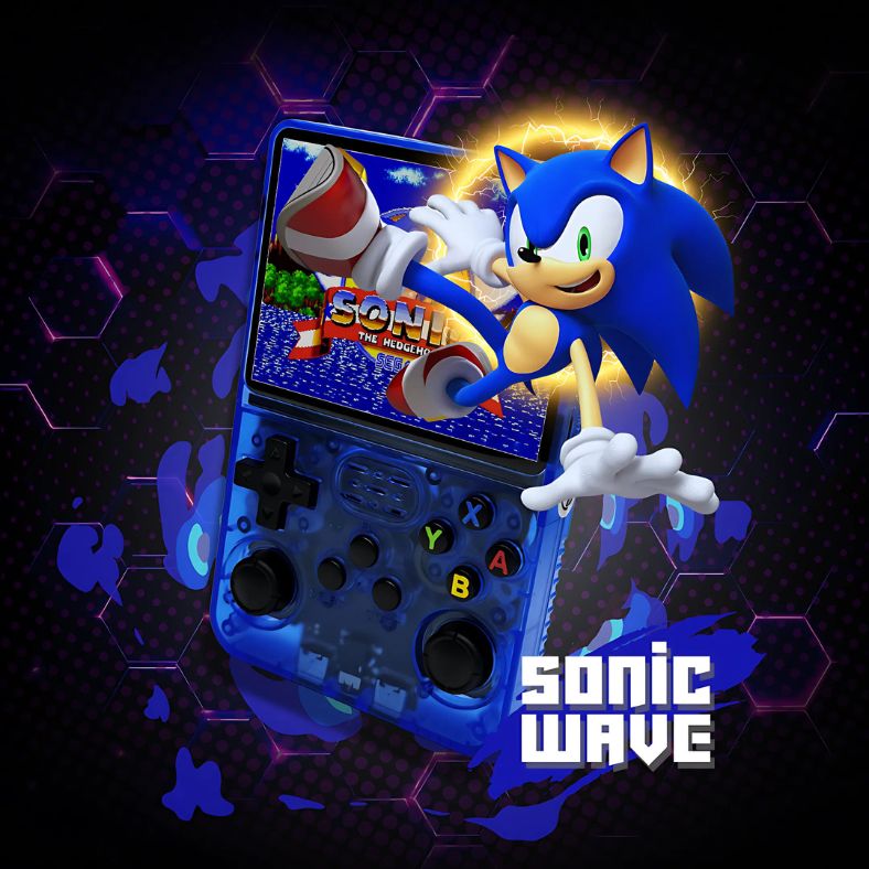 Sonic Wave retro handheld console met transparante blauwe behuizing en Sonic the Hedgehog-game op het scherm – te koop via Inicala.nl.