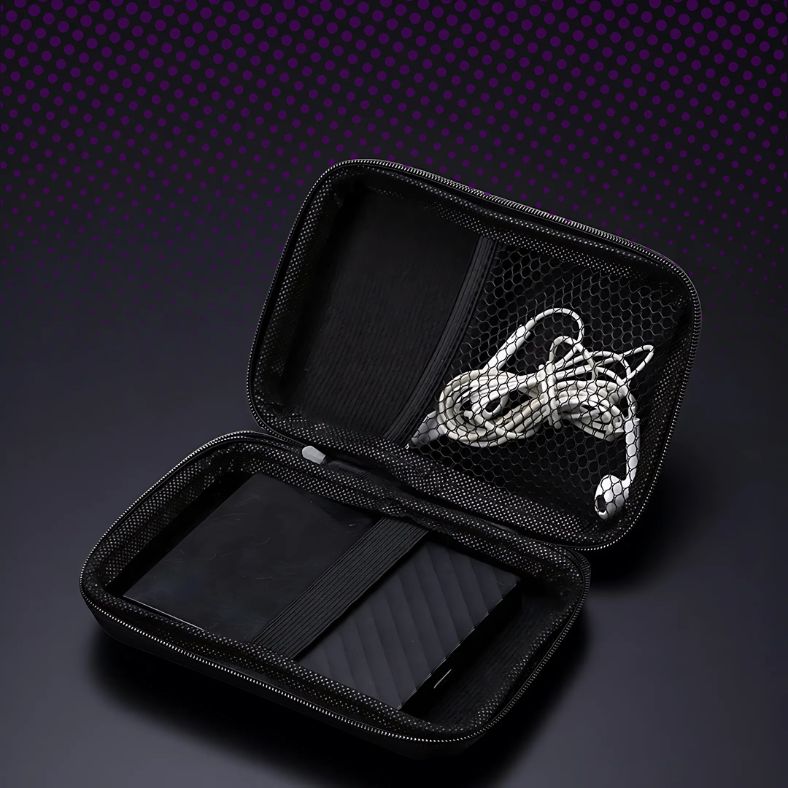 Stevige opbergcase van Inicala.nl met elastisch vak en netvak voor veilig opbergen van je PixelPlay™ Legends, oortjes en accessoires – ideaal voor onderweg of thuisgebruik.