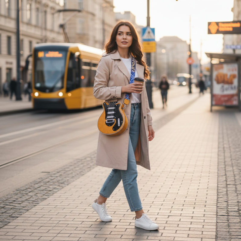Stylowa dziewczyna spaceruje przy zoltym tramwaju trzyma kawe na wynos a na biodrze ma zolta Guitarista Torebka Crossbody z Inicala pl jako rockowy akcent