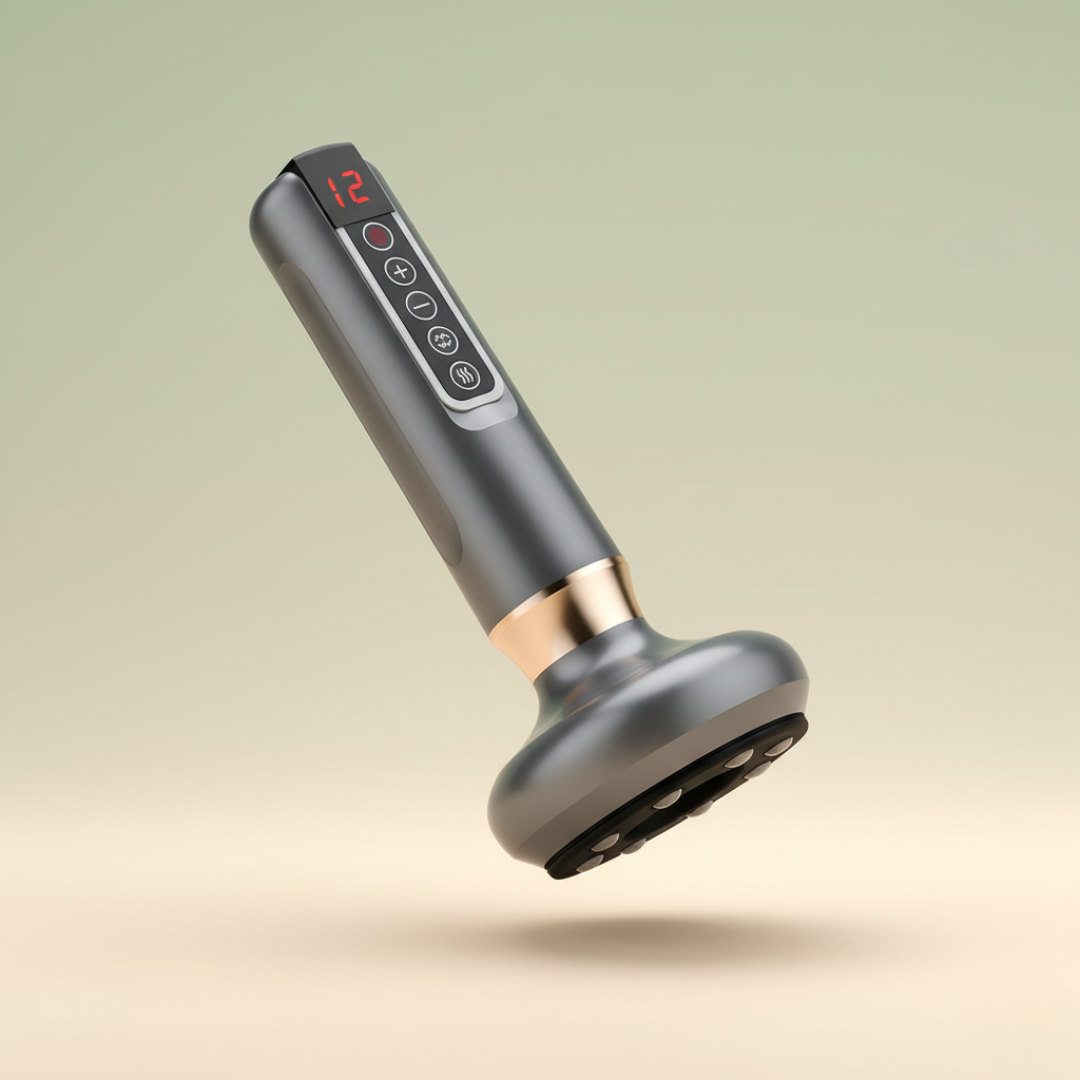 Szare urządzenie DermaFlow™ na jasnym tle, ujęcie pod kątem podkreślające ergonomiczny kształt masażera poprawiającego przepływ i gładkość skóry z Inicala.pl