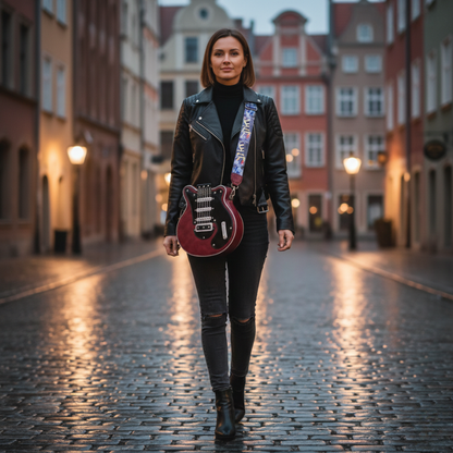 Ta sama kobieta w czarnym płaszczu idzie brukowaną ulicą z bordową Guitarista™ – Torebka Crossbody na ramieniu, Inicala.pl – miejski look z gitarową torebką