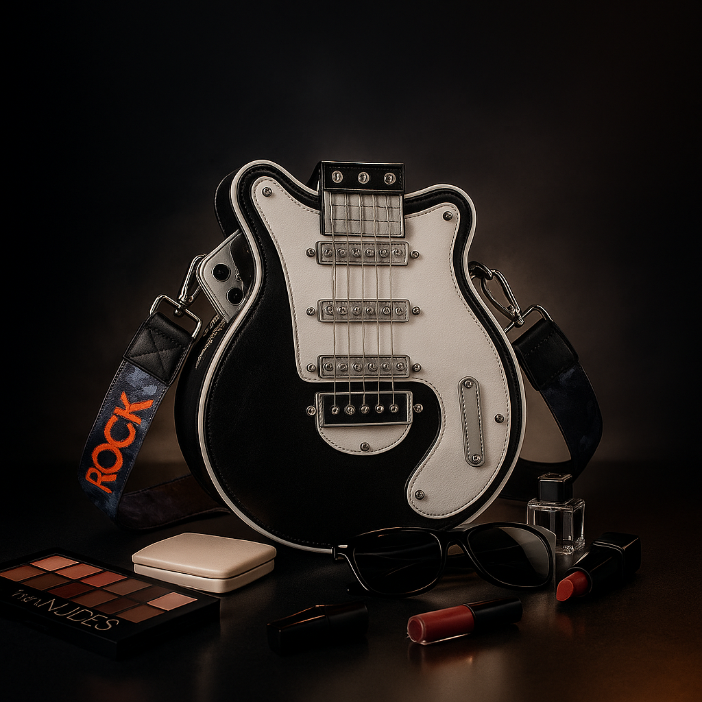 TorebkaGuitarista zInicala.plwczarno bialymkolorze otoczonaakcesoriami pokazujepojemnoscieleganckistylinspirowanymuzyka.