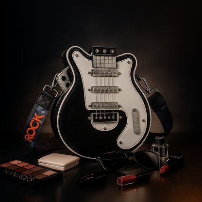 TorebkaGuitarista zInicala.plwczarno bialymkolorze otoczonaakcesoriami pokazujepojemnoscieleganckistylinspirowanymuzyka.