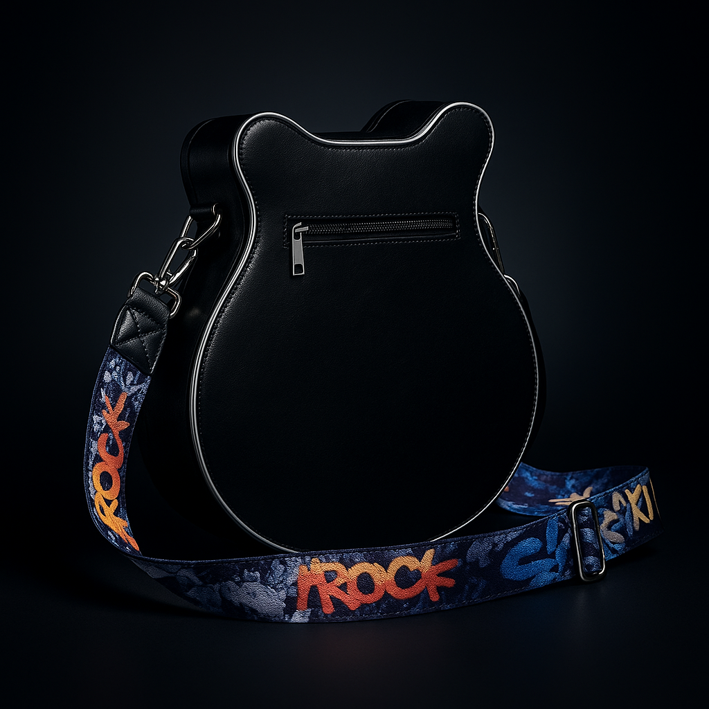 Torebka Guitarista™ z Inicala.pl w czarnym kolorze, widok od tyłu z zamkiem i paskiem „ROCK”. Minimalistyczny, elegancki design inspirowany gitarą elektryczną.