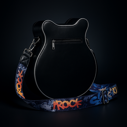 Torebka Guitarista™ z Inicala.pl w czarnym kolorze, widok od tyłu z zamkiem i paskiem „ROCK”. Minimalistyczny, elegancki design inspirowany gitarą elektryczną.