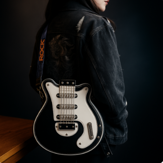 Torebka Guitarista™ z Inicala.pl w klasycznym czarno-białym kolorze, noszona crossbody. Wyrazisty, modny akcent inspirowany gitarą elektryczną.