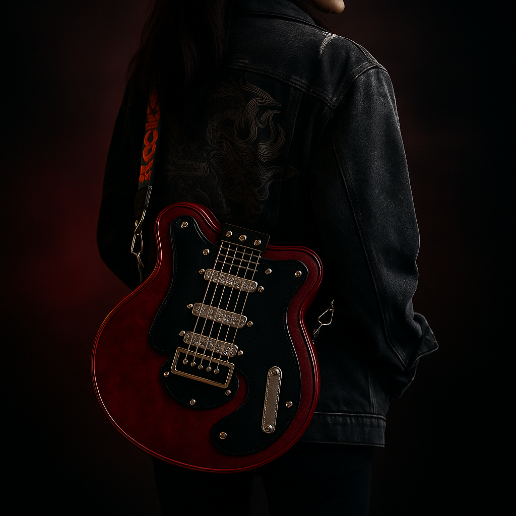 Torebka Guitarista™ z Inicala.pl w kolorze bordowym, noszona na ramieniu z kurtką jeansową. Rockowy, stylowy dodatek w kształcie gitary dla kobiet z charakterem.