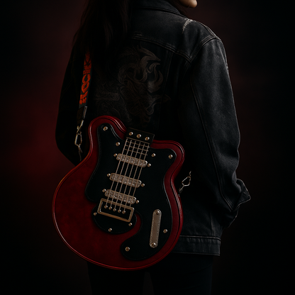 Torebka Guitarista™ z Inicala.pl w kolorze bordowym, noszona na ramieniu z kurtką jeansową. Rockowy, stylowy dodatek w kształcie gitary dla kobiet z charakterem.