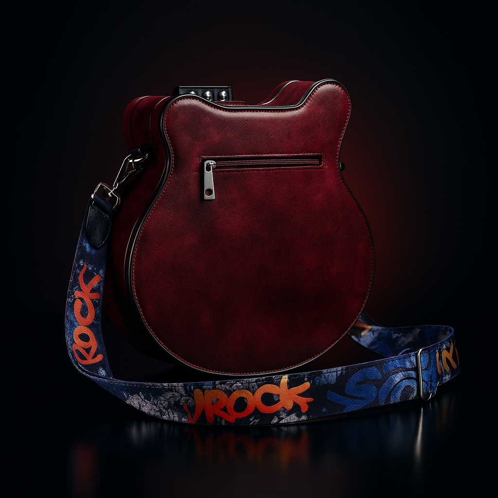 Torebka Guitarista™ z Inicala.pl w kolorze bordowym, widok od tyłu z zamkiem i paskiem „ROCK”. Stylowy crossbody model łączący muzyczny design z praktycznym miejscem na drobiazgi.