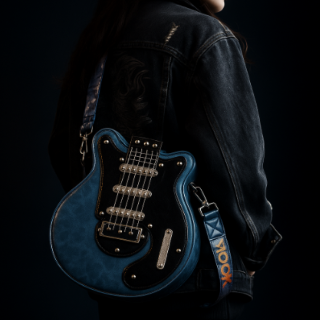 Torebka Guitarista™ z Inicala.pl w kolorze niebieskim, na pasku z napisem „ROCK”. Idealna do miejskich stylizacji, łącząca modę z muzycznym duchem.