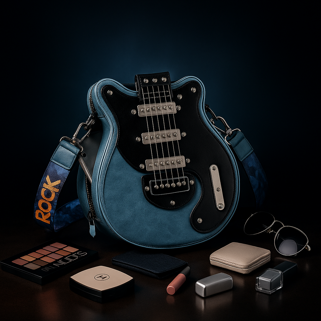 TorebkaGuitarista_zInicala.plwkolorzeniebieskimzczarnymfrontemipaskiem_ROCK_wtowarzystwiekosmetykowidodatkow_polaczeniestyluifunkcjonalnosci.