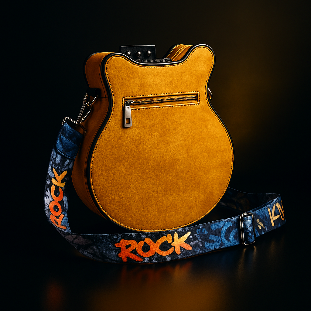 Torebka Guitarista™ z Inicala.pl w żółtym kolorze, widok od tyłu z kieszenią i szerokim paskiem „ROCK”. Wyrazisty akcent łączący styl i funkcjonalność.