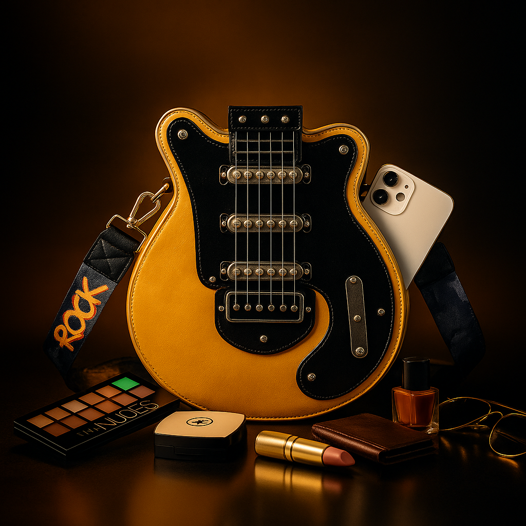 Torebka Guitarista™ z Inicala.pl w żółtym kolorze z czarnymi detalami i paskiem „ROCK”, otoczona kosmetykami i smartfonem – nowoczesny, rockowy styl.