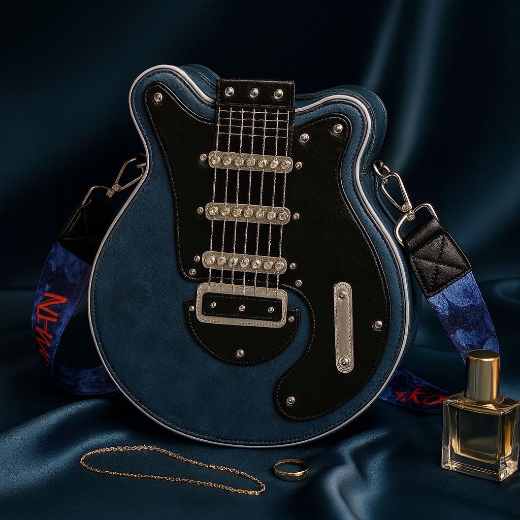 Torebka Guitarista™ z Inicala.nl w kolorze niebieskim, inspirowana gitarą elektryczną. Idealna dla kobiet, które kochają modę i muzyczny styl