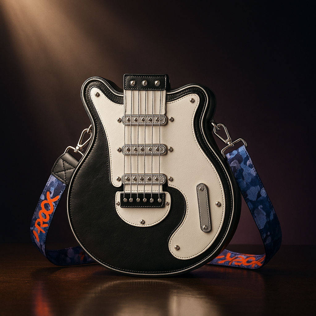 Torebka Guitarista™ z Inicala.pl w kształcie czarno-białej gitary elektrycznej z paskiem „ROCK” – stylowy crossbody dodatek łączący modę, muzykę i odważny, rockowy charakter