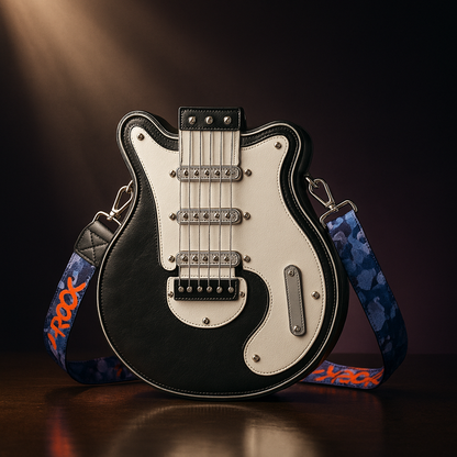 Torebka Guitarista™ z Inicala.pl w kształcie czarno-białej gitary elektrycznej z paskiem „ROCK” – stylowy crossbody dodatek łączący modę, muzykę i odważny, rockowy charakter