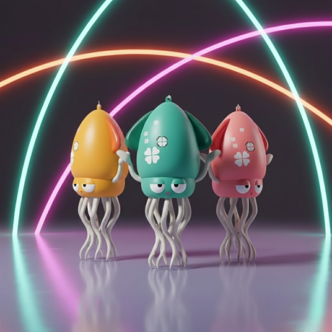 Trzy kolorowe zabawki OctoBeat™ z Inicala.pl stoją obok siebie na błyszczącej powierzchni w świetle neonowych łuków – interaktywne ośmiornice wspierające rozwój motoryczny dziecka