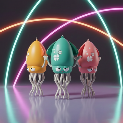 Trzy kolorowe zabawki OctoBeat™ z Inicala.pl stoją obok siebie na błyszczącej powierzchni w świetle neonowych łuków – interaktywne ośmiornice wspierające rozwój motoryczny dziecka