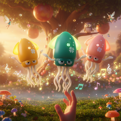 Trzy świecące ośmiornice OctoBeat™ z Inicala.pl tańczą w zaczarowanym ogrodzie, otoczone nutkami i bajkowymi stworzeniami – zachęcają dzieci do ruchu, zabawy i rozwijania wyobraźni