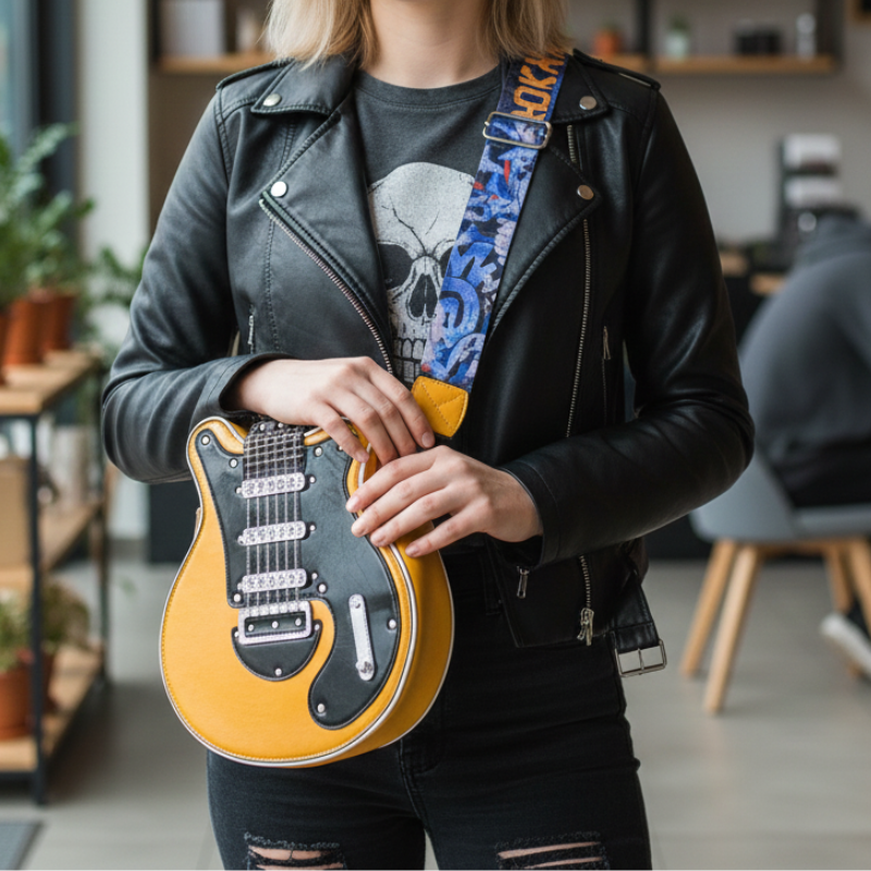 Zblizenie zoltej gitarowej torebki Guitarista Torebka Crossbody z Inicala