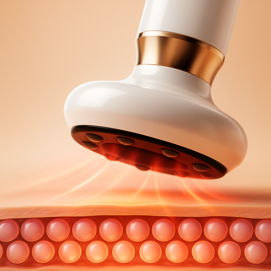 Zbliżenie głowicy DermaFlow™ unoszącej się nad przekrojem skóry z czerwonym światłem i falami ciepła, obrazujące rozbijanie tłuszczu i wygładzanie skóry; wizualizacja produktu z Inicala.pl