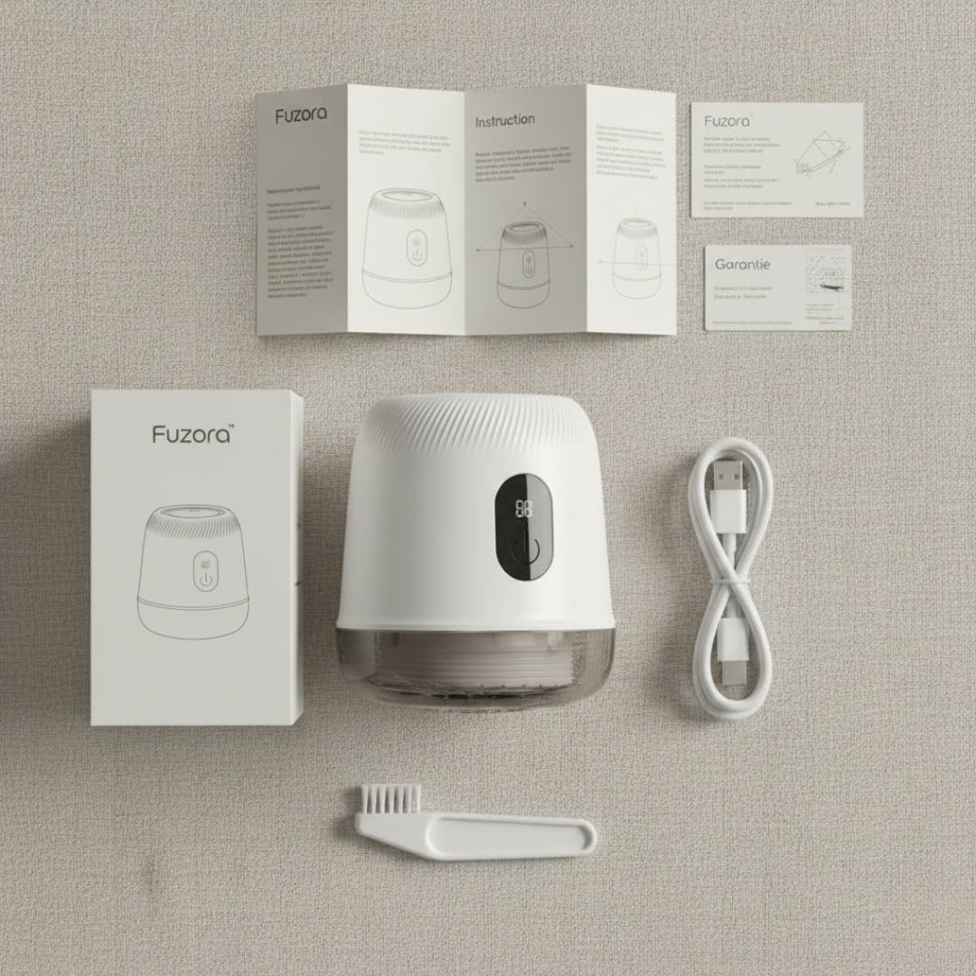 Zestaw Fuzora™ z Inicala.pl z pudełkiem, instrukcją i kablem USB – pełen komplet do pielęgnacji tkanin.