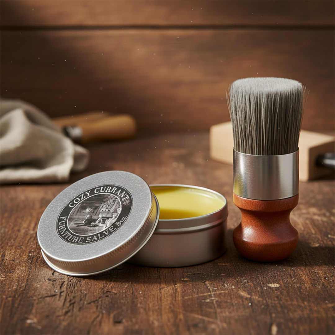 Zestaw EcoSage™ z Inicala.pl – krem do mebli i pędzel na stole warsztatowym, gotowy do pielęgnacji drewna i skóry. (1)