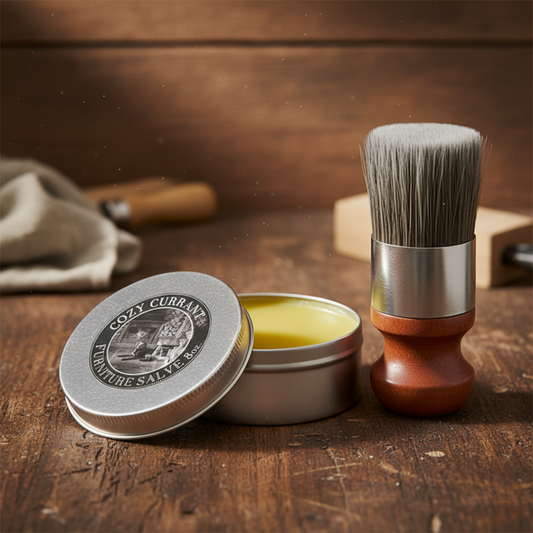 Zestaw EcoSage™ z Inicala.pl – krem do mebli i pędzel na stole warsztatowym, gotowy do pielęgnacji drewna i skóry. (1)