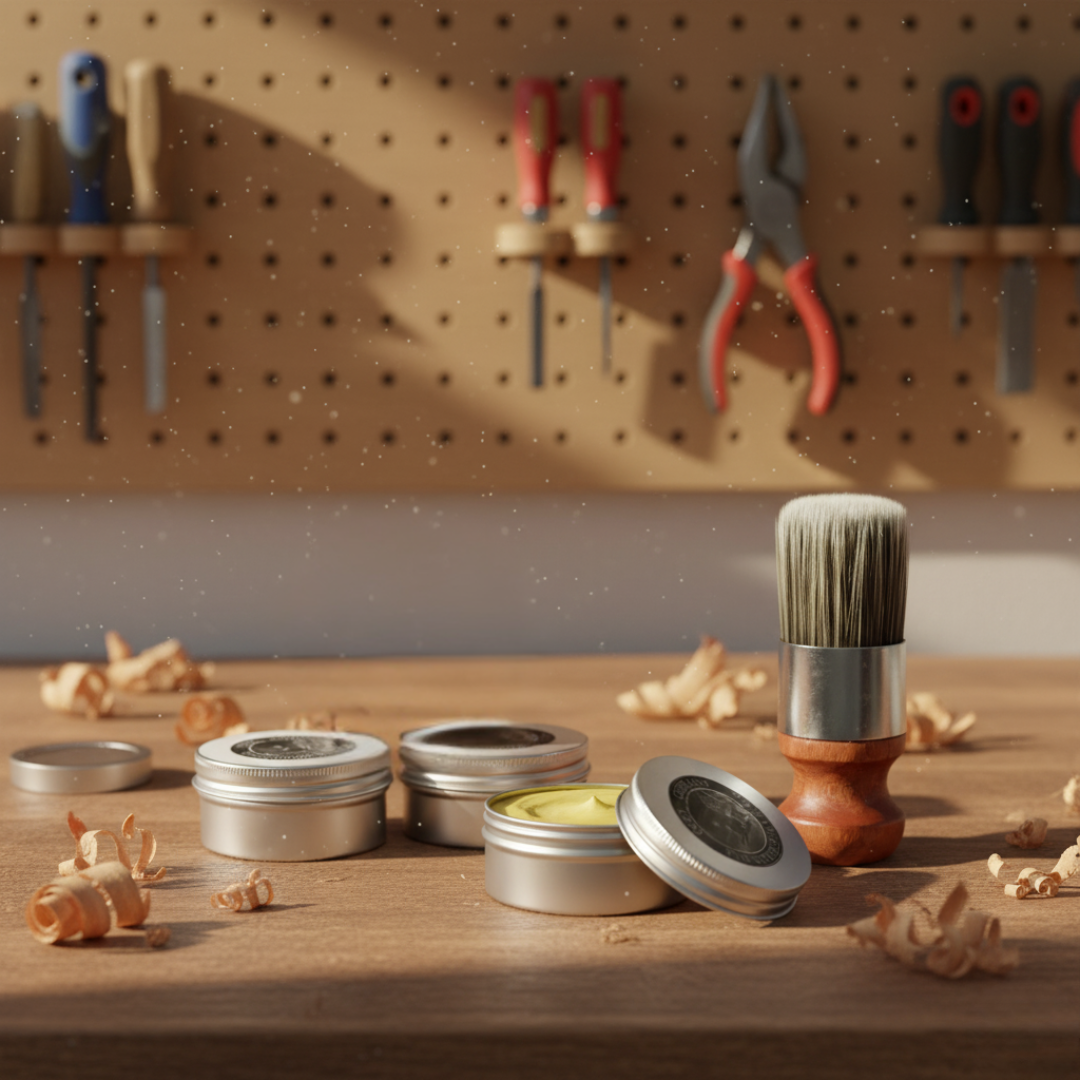 Zestaw puszek z kremem EcoSage™ i pędzel z Inicala.pl na stole stolarskim – idealny do renowacji i konserwacji mebli.