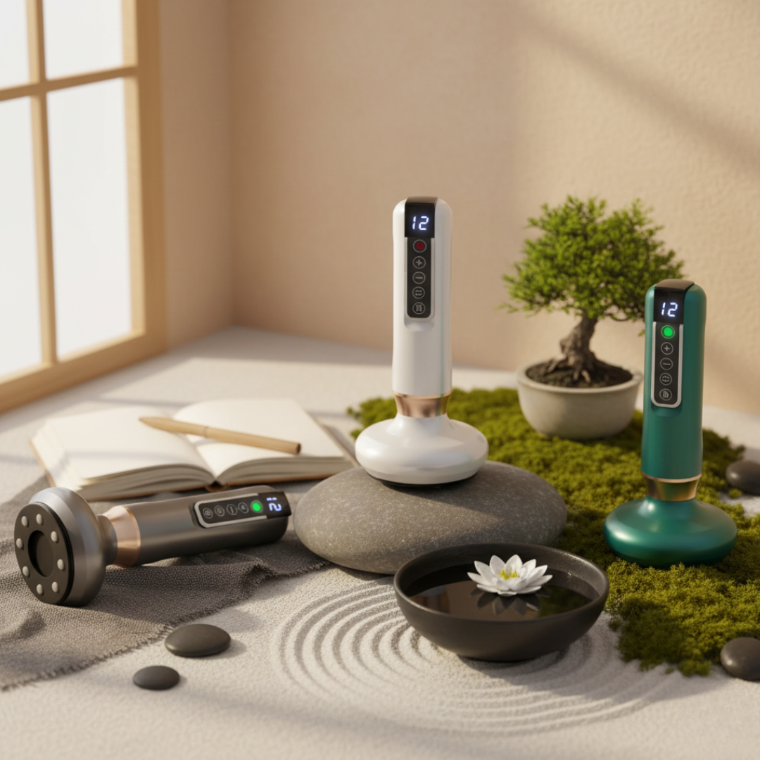 Zestaw masażerów DermaFlow™ z Inicala.pl w ogrodzie zen obok miski z lilią wodną i notesu, pokazujący urządzenie do domowego drenażu limfatycznego i wygładzania skóry
