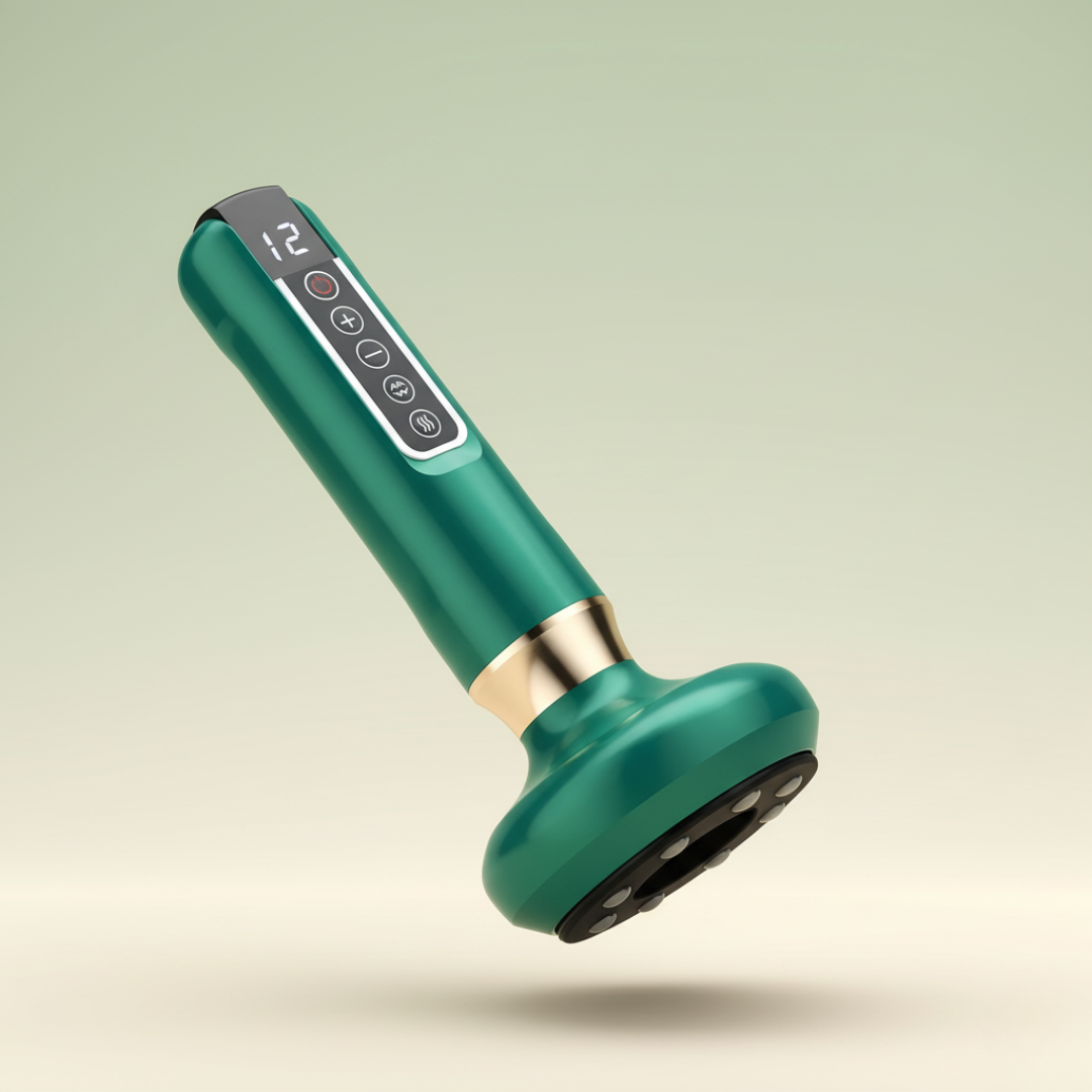 Zielone urządzenie DermaFlow™ unoszące się na jasnym tle, z widocznym panelem sterowania, prezentacja kompaktowego masażera do ujędrniania skóry z Inicala.pl