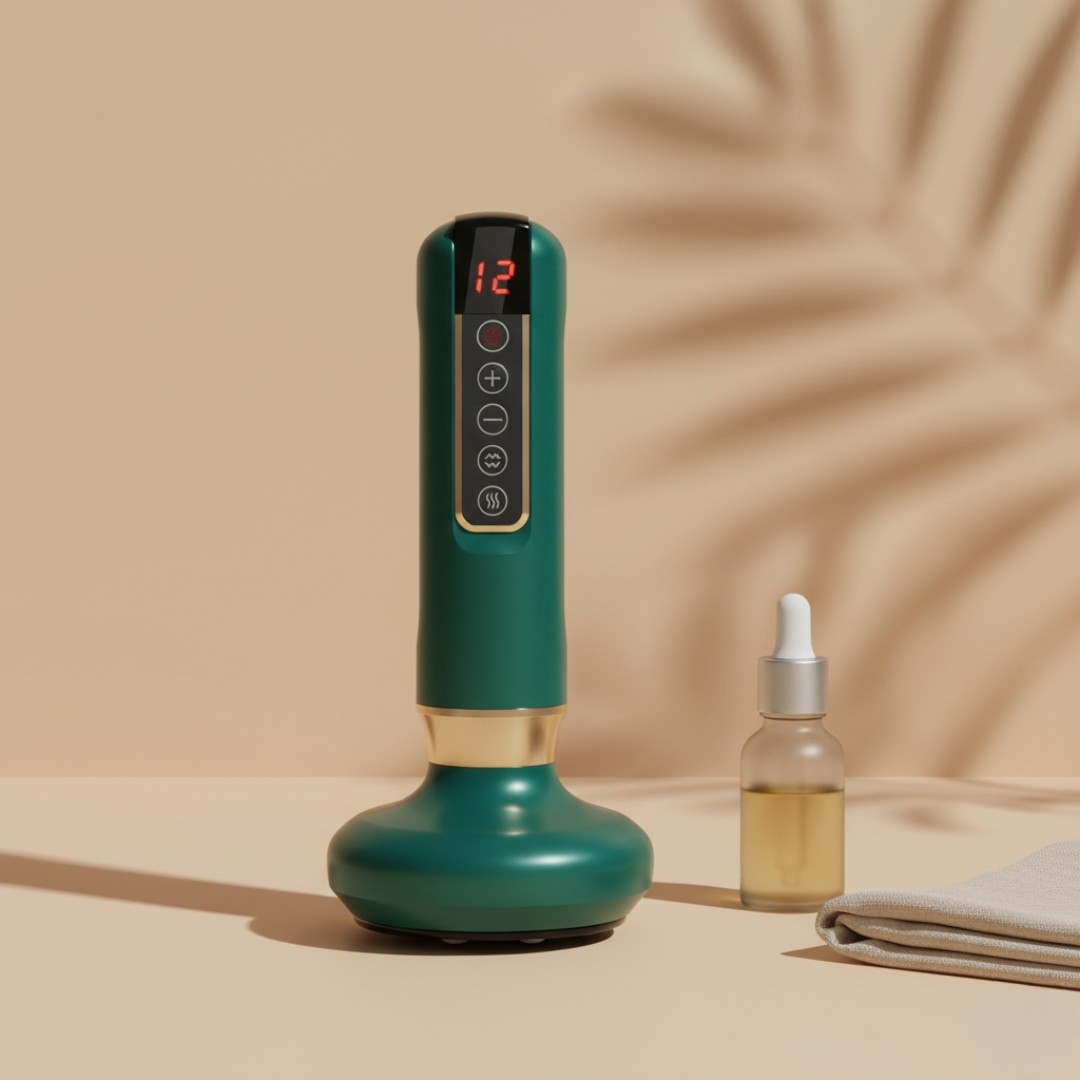 Zielony DermaFlow™ z Inicala.pl stoi obok buteleczki olejku i ręcznika na beżowej powierzchni – luksusowy masażer, który wspiera lepszy przepływ i gładszą skórę